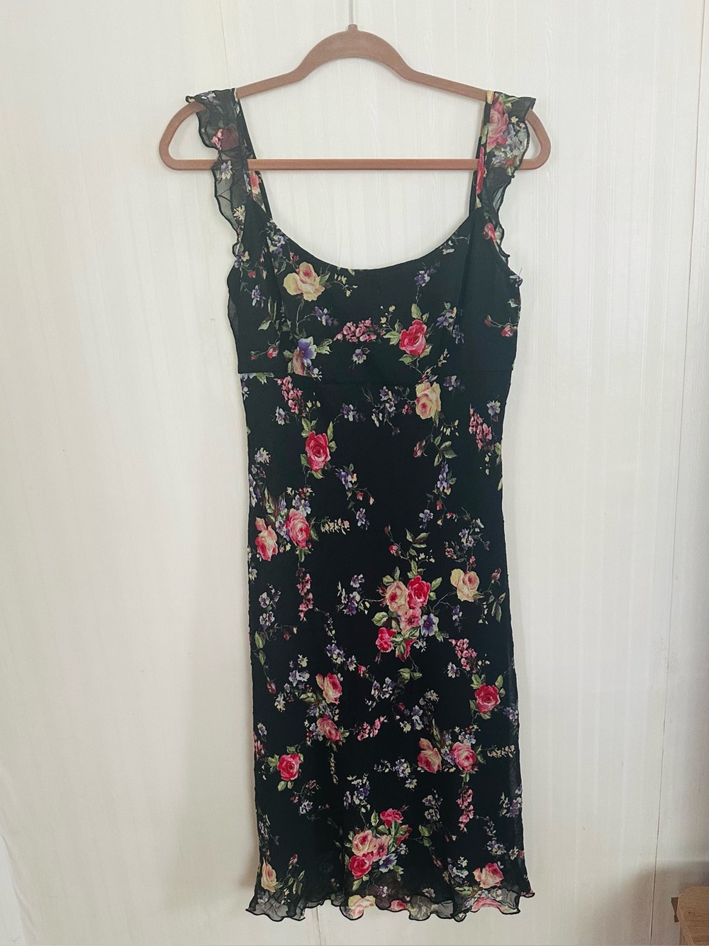 Vintage CDC Fairy Whimsigoth Floral Black Crinkle Slip Dress Y2K